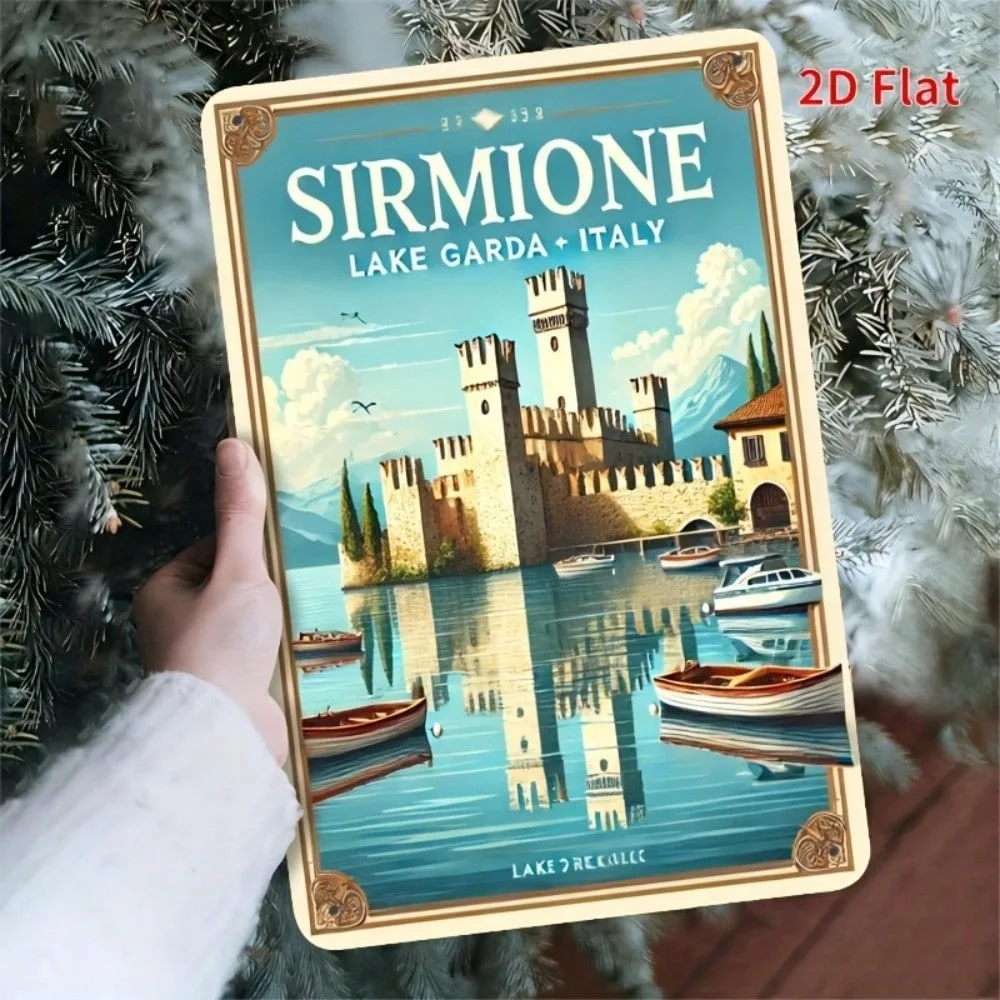 

Sirmione Castle Lake Garda Italy Wall Art Metal Sign Vintage Retro Decorative Wall Decor for Home Bar Cafe