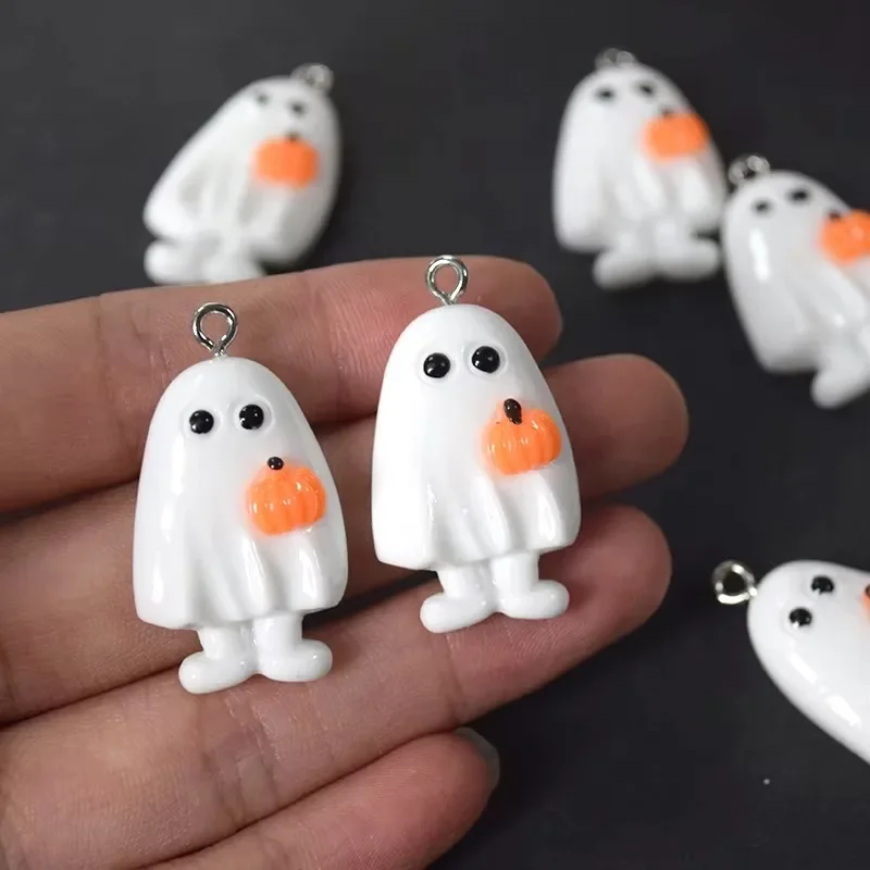 10Pcs/Pack Flatback Kawaii White Ghost Charms Cartoon Halloween Pumpkin Resin Pendant For Earring Keychains DIY Jewelry Making