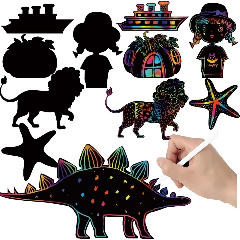 8pcs New Rainbow Cartoon Animal Dinosaur Fruit Car Scratch Art Painting Paper Card Kits For Kids DIY Drawing Toys Magic Color