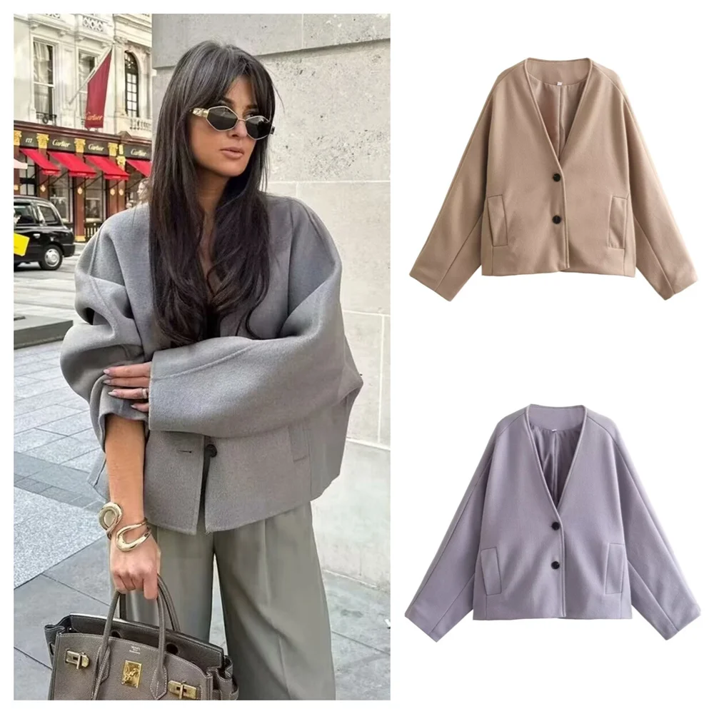 PB&ZA2024 Autumn New Women's Fashion Style Solid Color Slimming Single breasted V-neck Bat Sleeve Woolen Coat