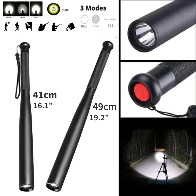 49/41cm Self Defense Flashlight Stick Aluminum Alloy Baseball Bat Flashlight Outdoor Safety Survival Equipment Torch Light Stick