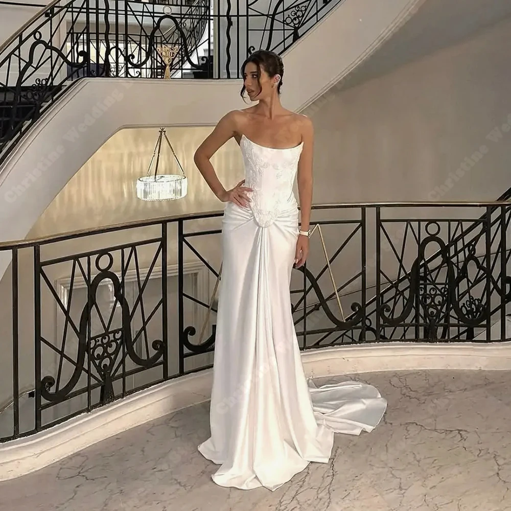 Robes De mariée sirène plissées modernes pour femmes, élégantes avec des Appliques en dentelle, longueur De nettoyage, robes De bal personnalisées