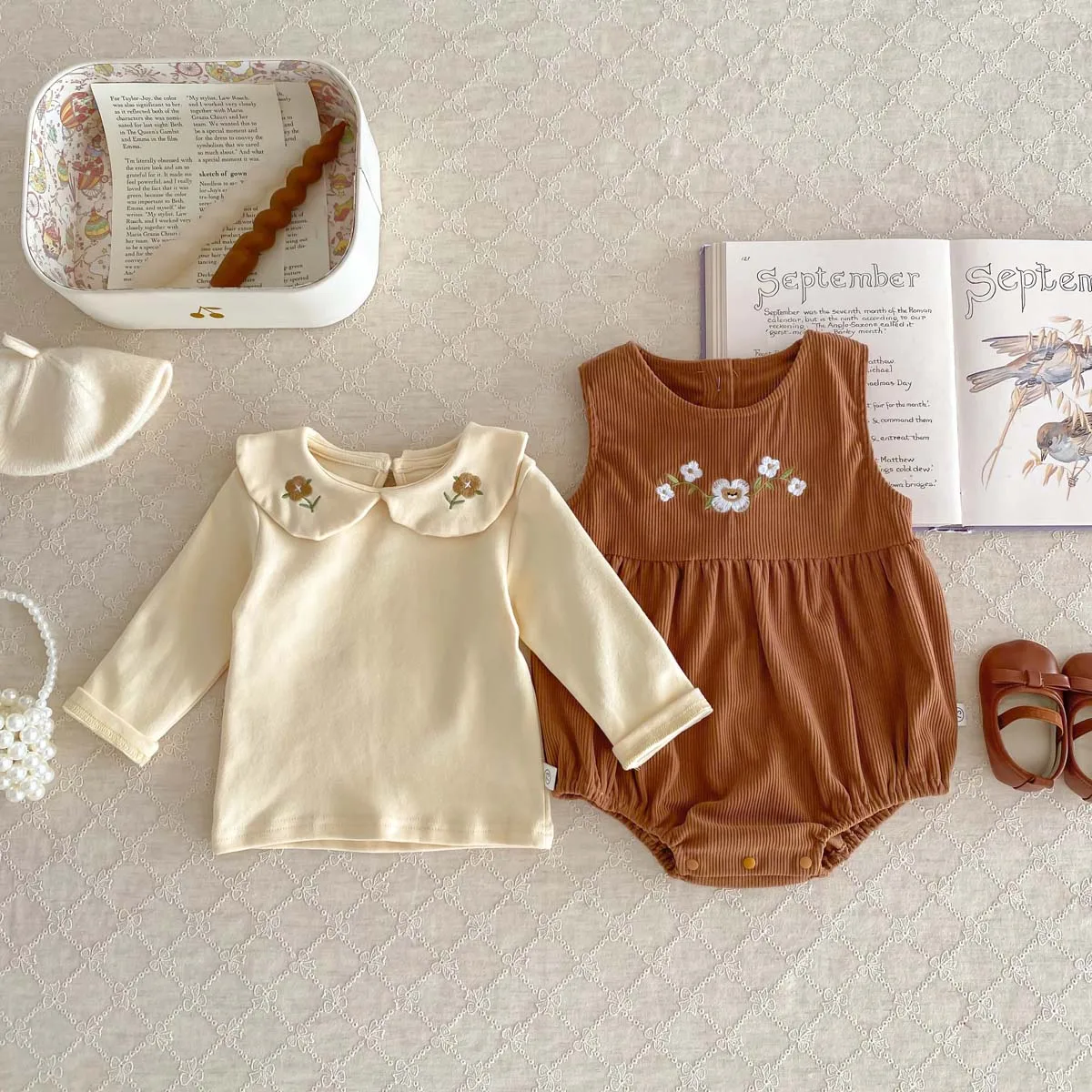 Baby Suit Sleeveless Romper + Long Sleeves Shirt Corduroy Embroidered Sweetheart Baby Girls Bodysuit 1-3Y