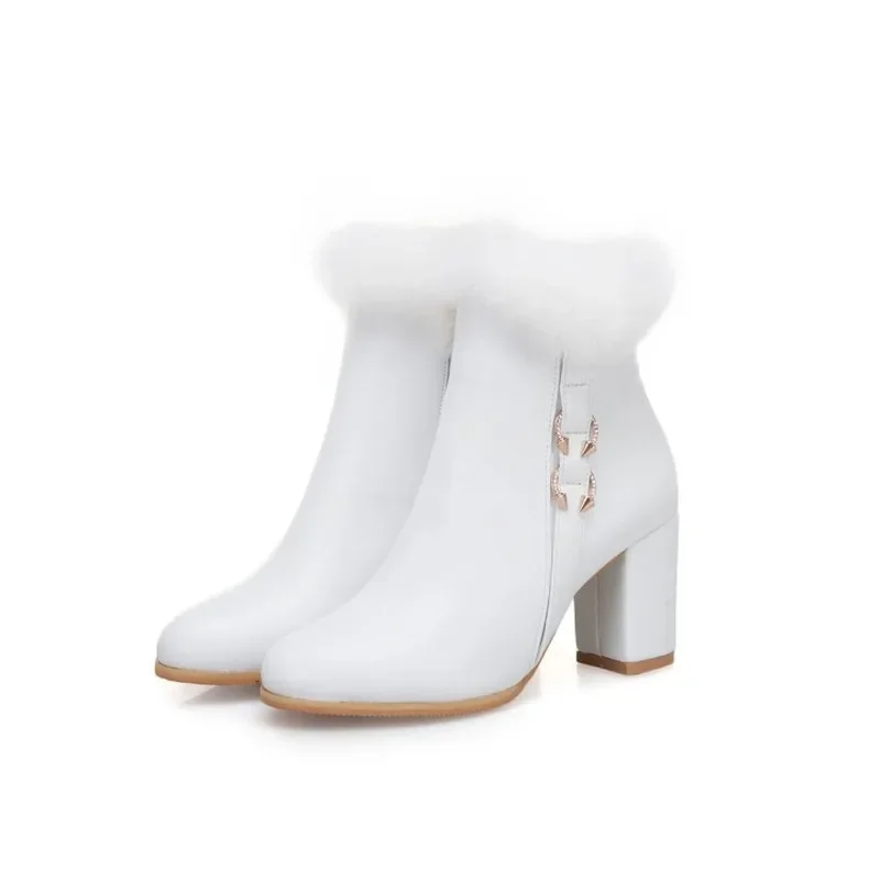 winter The New Rabbit hair fashion Round head Thick with 8CM boots white Plus velvet Keep warm High heel Women boots