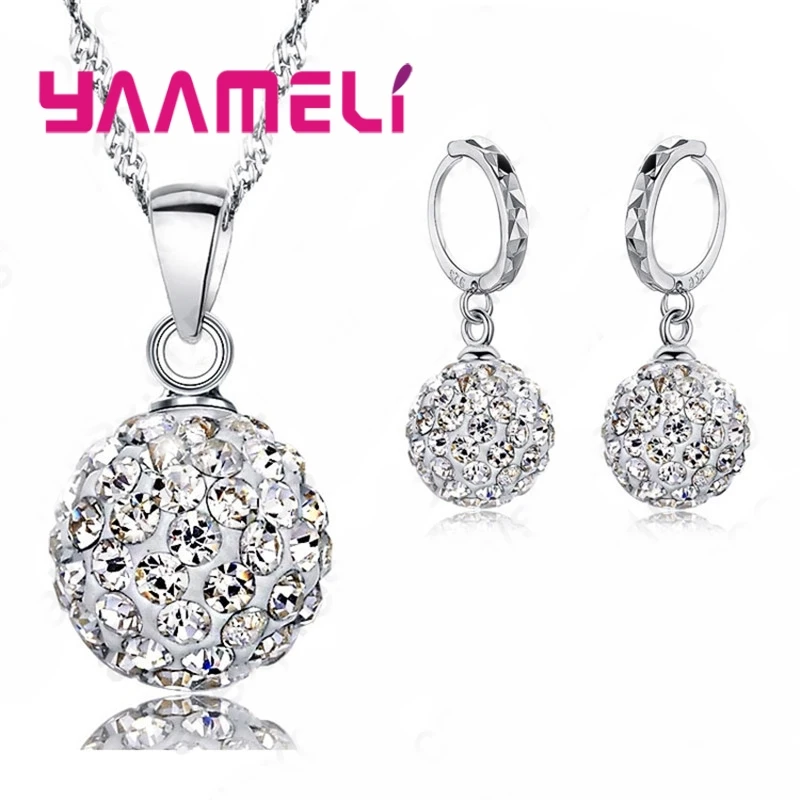 Classic CZ Crystal Disco Ball Earrings Necklace 925 Sterling Silver Color Jewelry Sets Wedding Party Women Valentine Gift