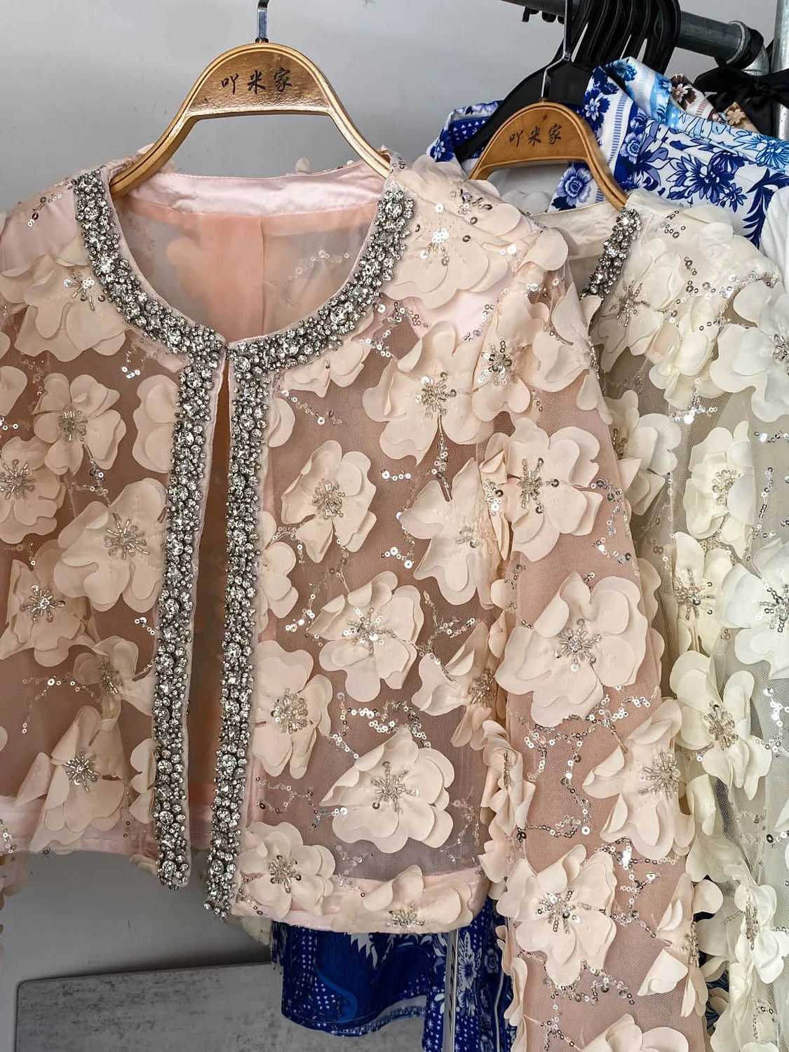  Sequin Flower Embellished round Neck Diamond Embedded Outerwear Beautiful Party Goddess Age-Defying Thin Shirt