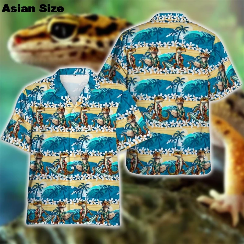 Cute Gecko Hawaiian Beach Shirt Funny Animal Lizard Lapel Blouse Cabrite Shirts For Men 2025 Hip Hop Male Streetwear Blouses Tee