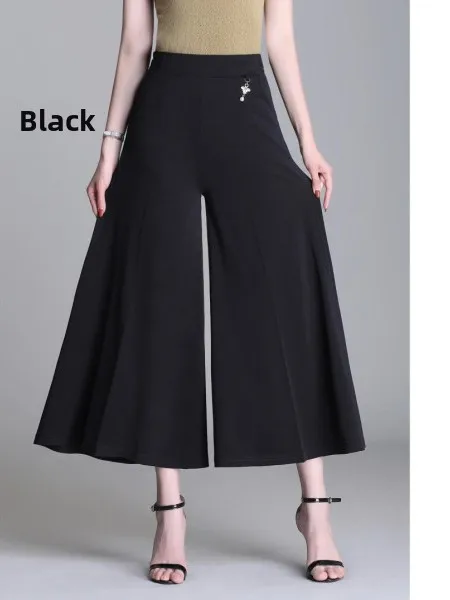 

Summer Casual High Waist Midi Skirt Pants Elastic Waist Thin Style Large Size Women Middle-aged Loose Fit Pocket Detail