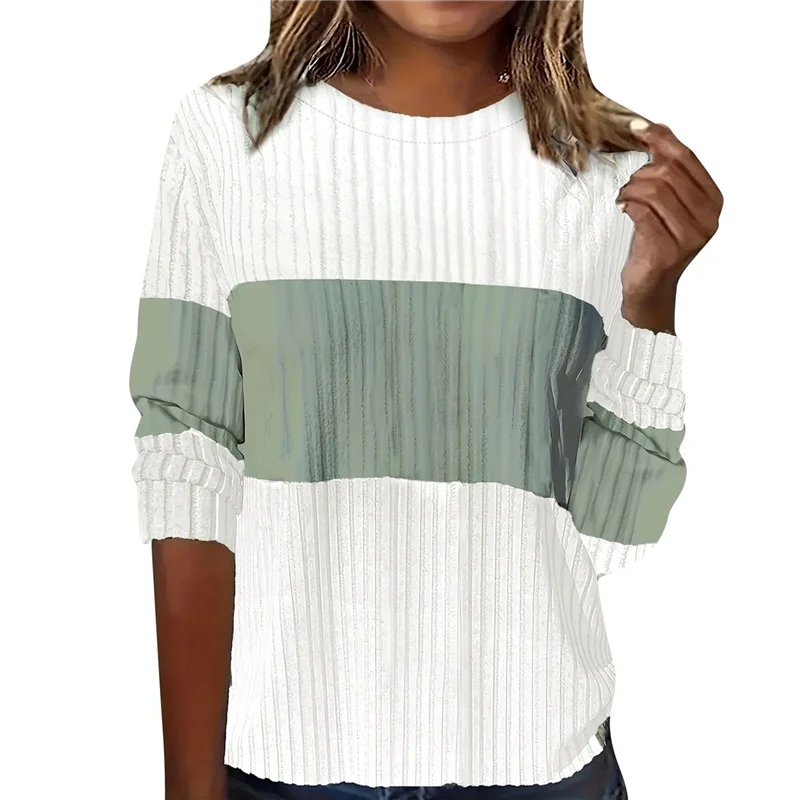 ABRT-Blocked Tops For Women Full Length Sleeve Tunic Casual Patchwork Crew Neck Cozy Knitted Blouse Pullover