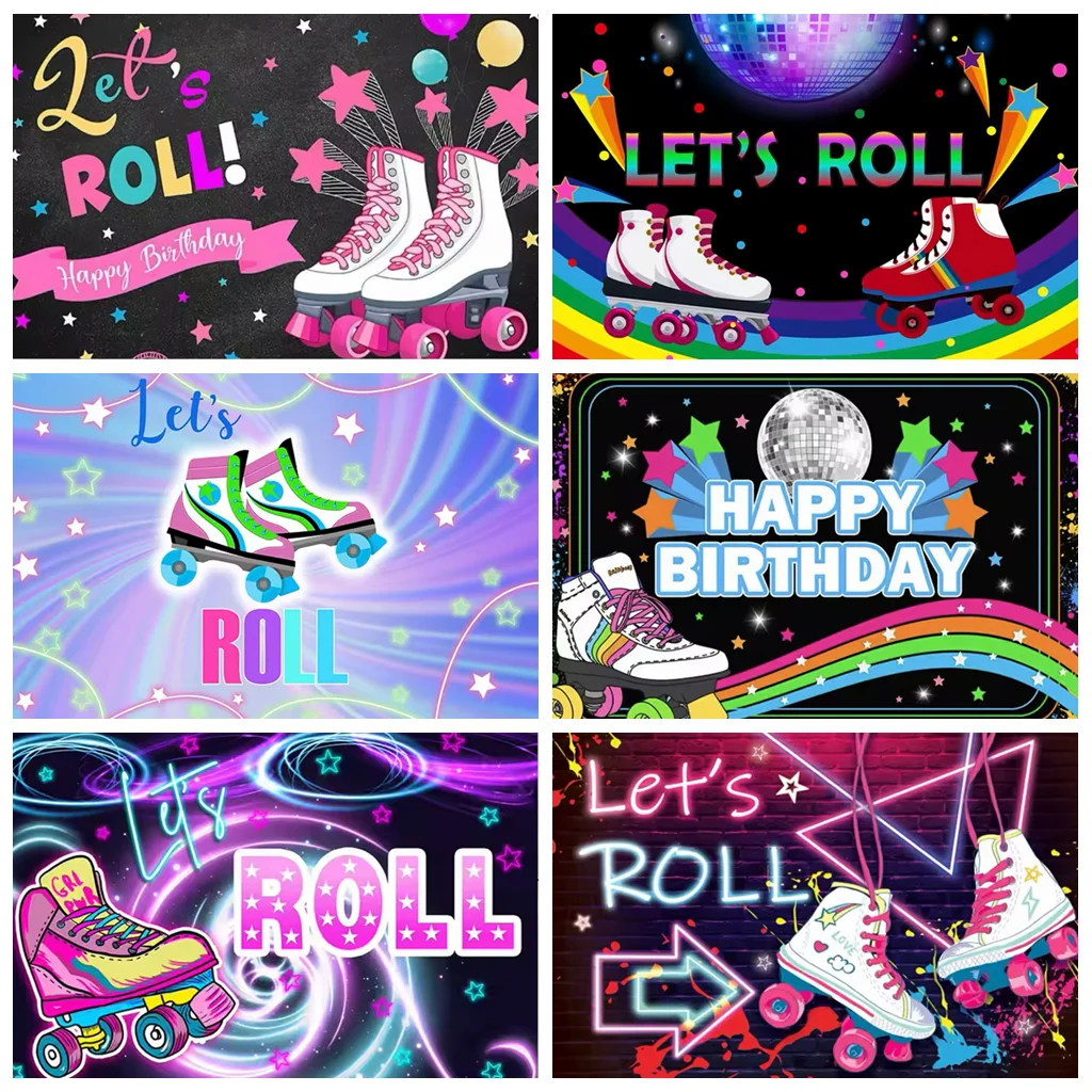 

80s Skates Theme Backdrop Cloth Let's Roll Pink Skate Neon Rainbow Disco Party Supplies Children Birthday Party Decoration Cloth