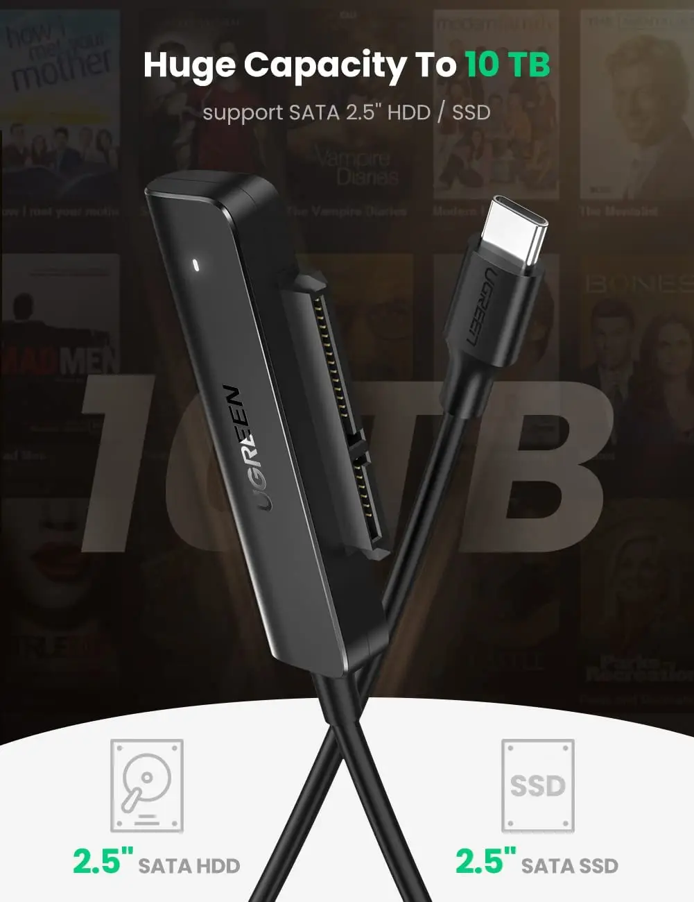 UGREEN Cable adaptador SATA a USB C para conector de disco duro SSD y HDD de 2,5 "5 Gbps compatible con SATA III UASP Thunderbolt 3