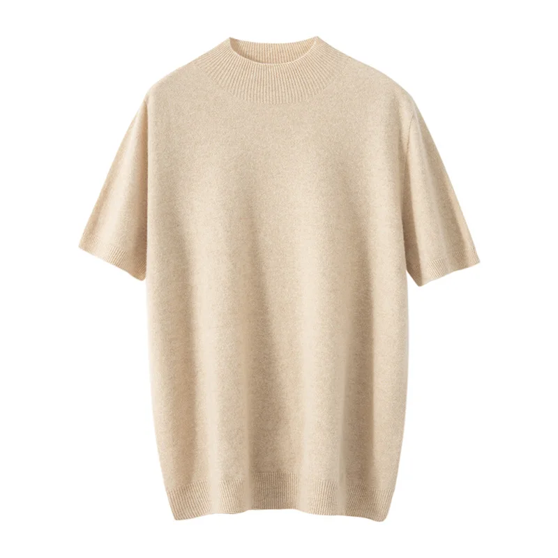 

First line ready to wear 100% wool men's short sleeved semi high neck seamless knitted shirt T-shirt loose pullover top