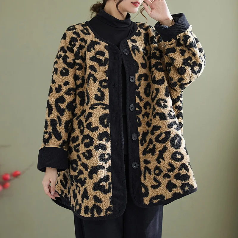 Leopard Print Loose Jacket, Plus Size Women\'s Polar Fleece Coat