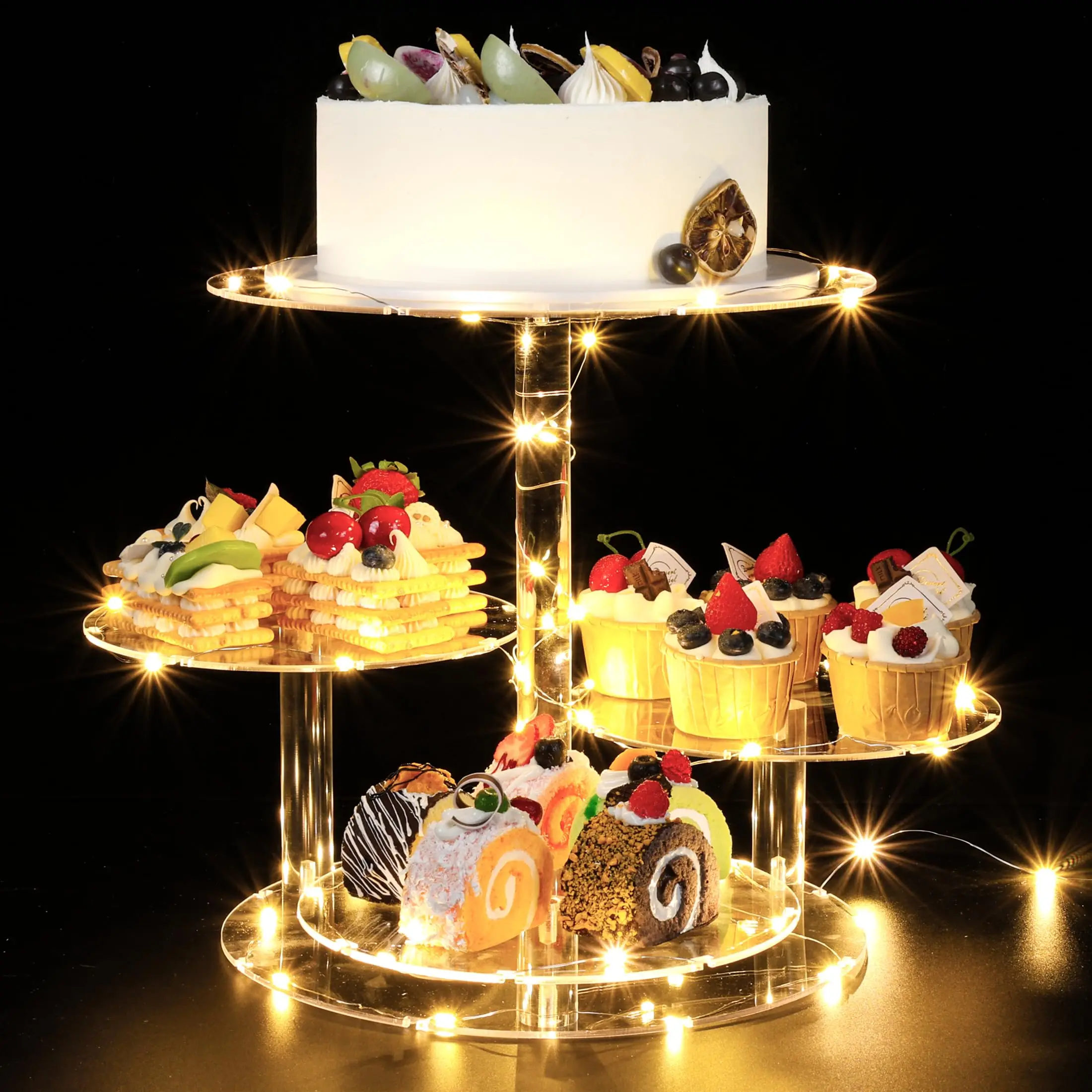 

4 Tier Round Acrylic Cake Stand Cupcake Stand Tower Stand with LED Light Dessert Pastry Display Stand for Birthday Wedding Gradu