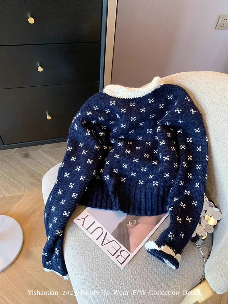 Autumn Winter Office Lady Navy Cardigans Turn-Down Collar Cozy Crochet Sweater Knitted Outerwear Print Preppy Style Gothic Y2K