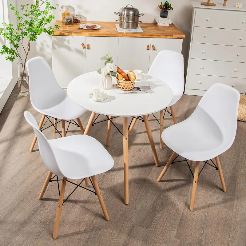 Round Dining Table Set for 4, Kitchen Table Set with Seat & Solid Wood Legs, Round Kitchen Table and Chairs for Small Space,