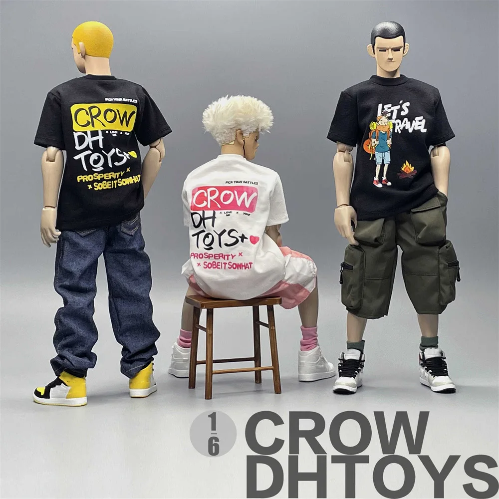 CROW DH TOYS Męski żołnierz w skali 1/6 Modny pulower T-shirt Casual Luźny nadruk Krótki rękaw Top Tee dla 12-calowej figurki akcji