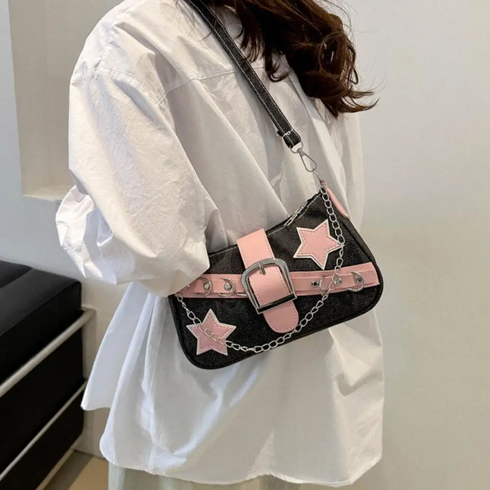 Y2k Fashion Women's Handbags Stars Pattern Cool Girls Underarm Bag Fashion Female Small Shoulder Bags Chain Tote Purses