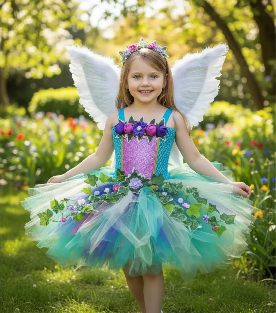 Kids Flower Girls Fairy Tutu Dress Purple Butterfly Fairy Costume Halloween Birthday Party Tulle Princess Dress With Wings Set1-