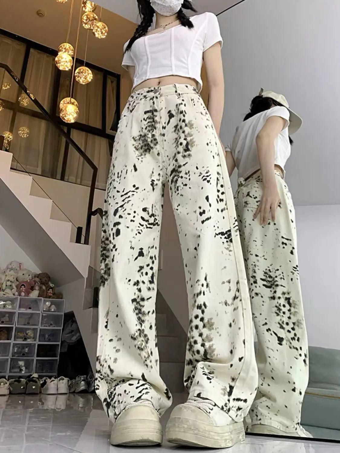 Couple Jeans Retro Leopard Print Women man High Waisted Micro horn Jeans High Street Streetwear Vintage Denim Trousers Y2k