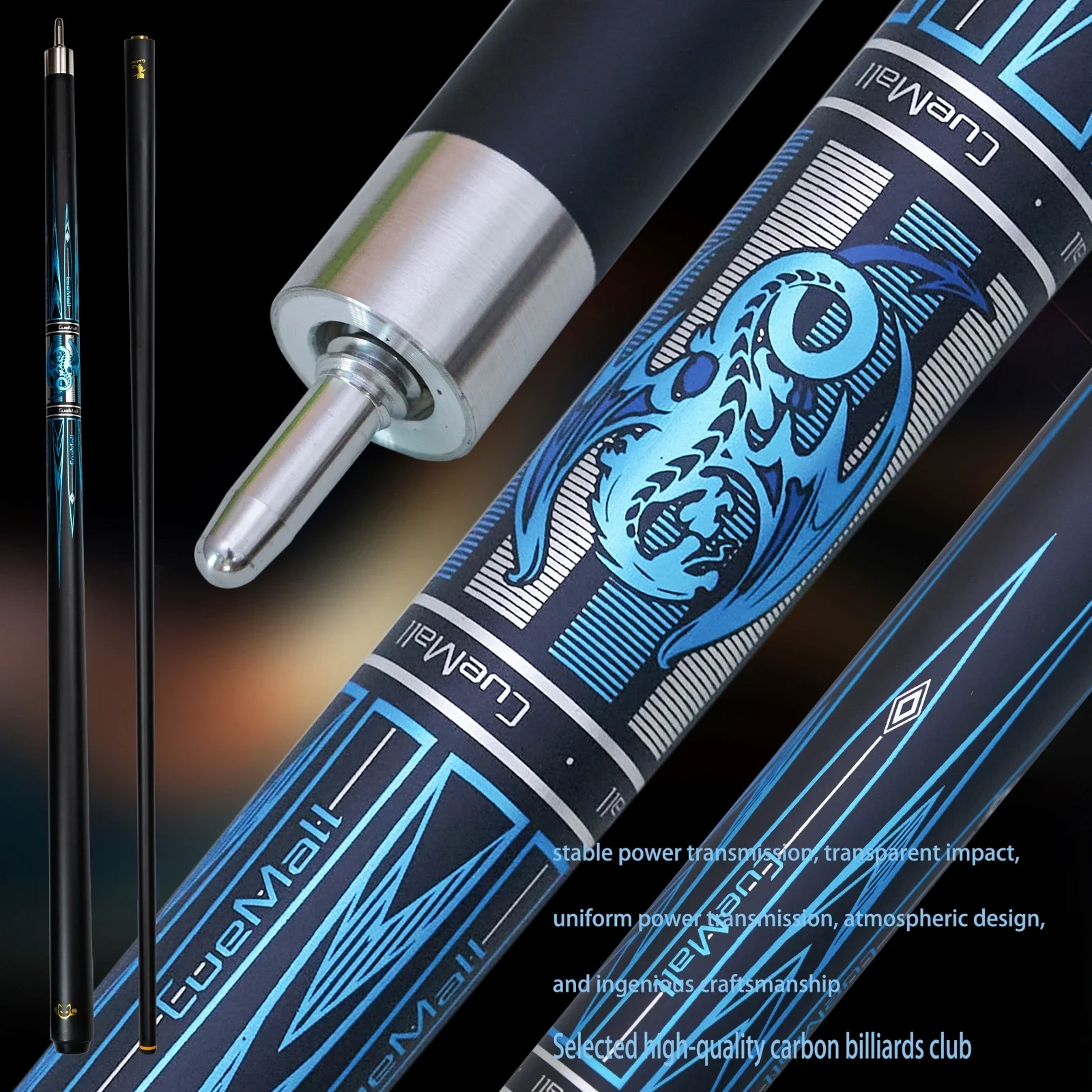 58 Inch Glass Fiber Pool Cue Blue Dragon Design 12.5mm Multi Layer Tip Low Deflection Quick Release Joint