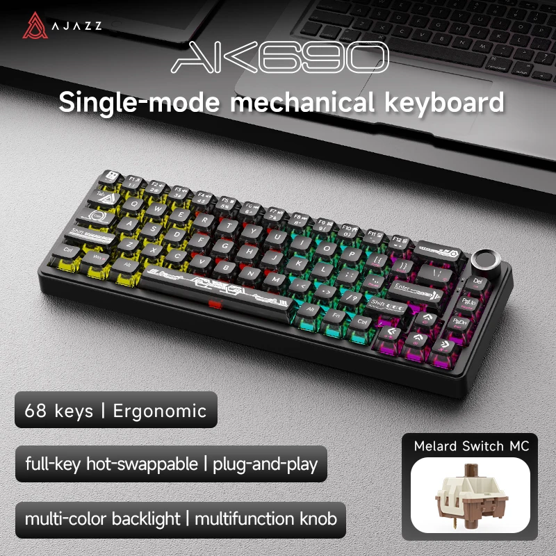 Ajazz AK690 Bedraad Mechanisch Gaming Toetsenbord Multifunctionele Knop Gemengde Verlichting DIY 68 Toetsen Layout Kantoor Mechanisch Toetsenbord