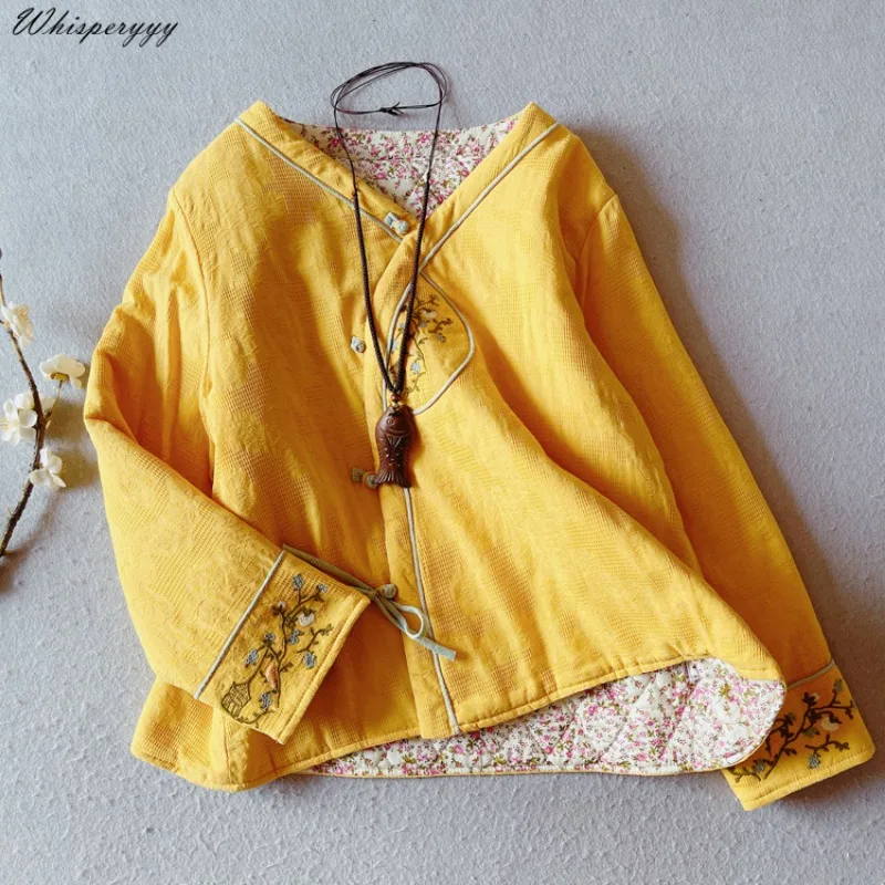 Chinese Style Embroidery Vintage Cotton and Linen Coat Thick Women\'s Winter Clothes Hanfu Tops Ethnic Style Cotton-padded Jacket