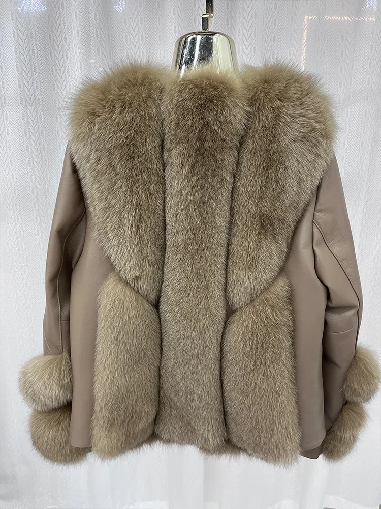 2024 New Women Winter Real Natural Fox Fur Coat Jacket Goose Down Jacket Genuine Leather Luxury Thick Warm Female Coats