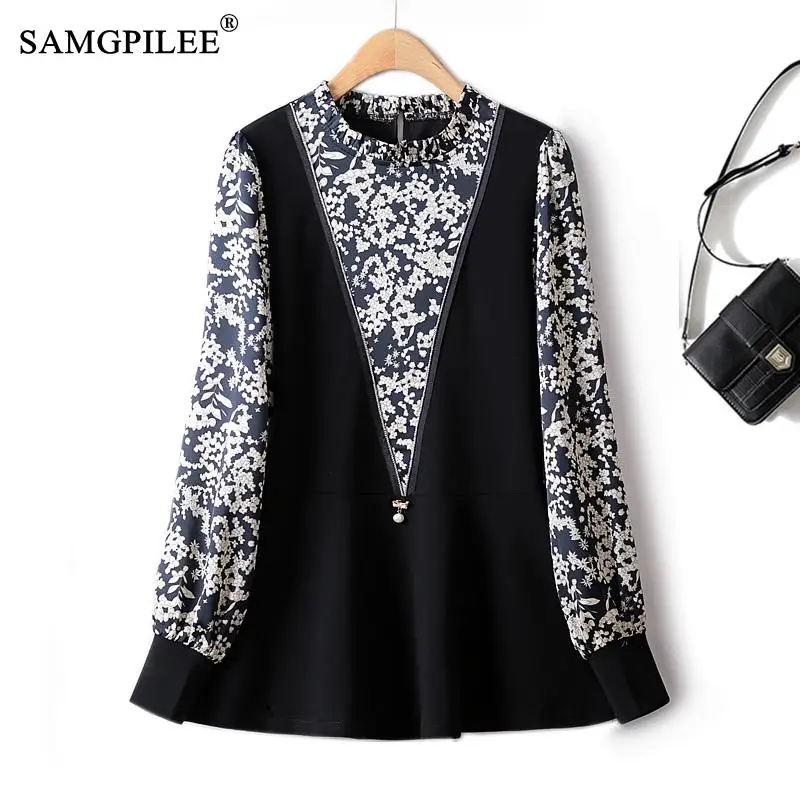 

2023 Spring Shirts And Blouses New Fashion Fake Two Piece Chiffon Floral Women's T-shirt Slim Stitching Tops Blusas Para Mujer