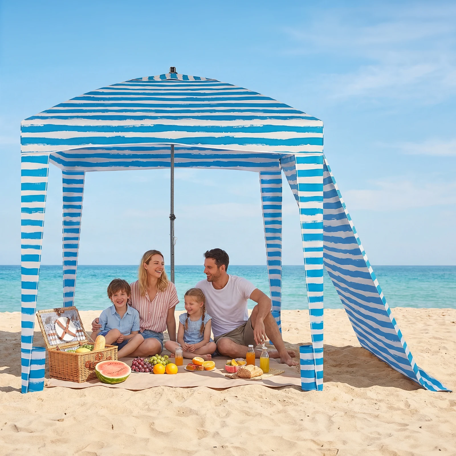 Beach tent set up on sand providing shade