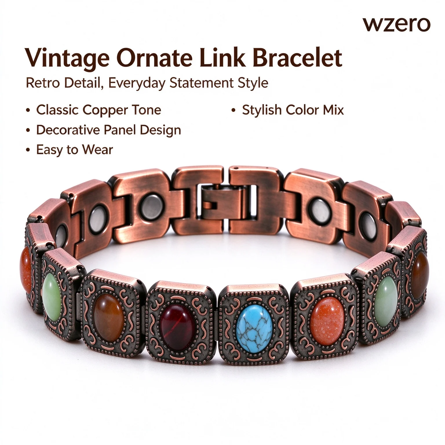 Vintage Copper magnet Bracelet Collection, Multi‑Style Inlaid Metal Wrist Jewelry,Free Resizing Tool Included for Daily Wear