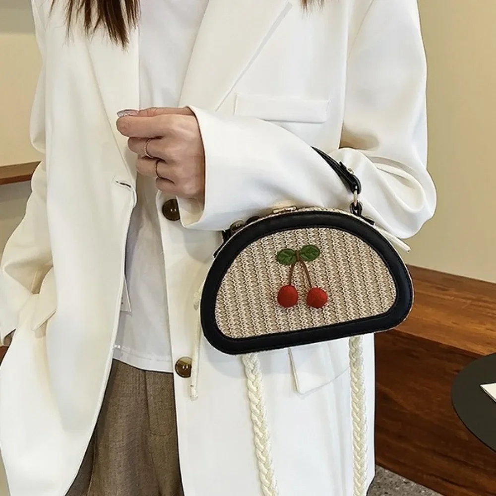 

Fashion Straw Woven Shoulder Bags Cherry Pattern Small Fresh Crossbody Bag Cell Phone Purse Female Messenger Bag