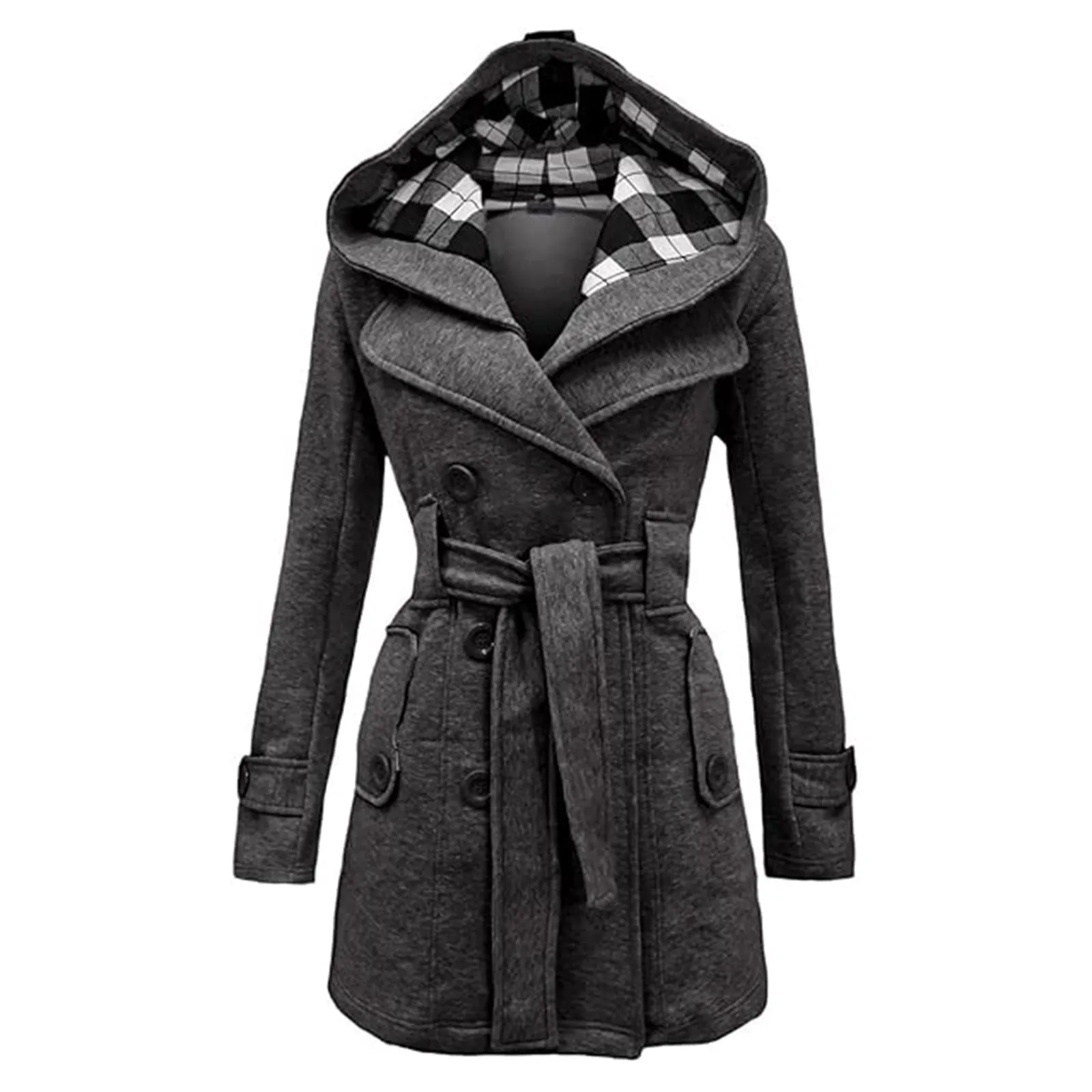 Grey Plaid Hooded Wool Coat With Belt Women's Winter Warm Double Breasted Overcoat Vintage Elegant Slim Fleece Jacket Plus Size