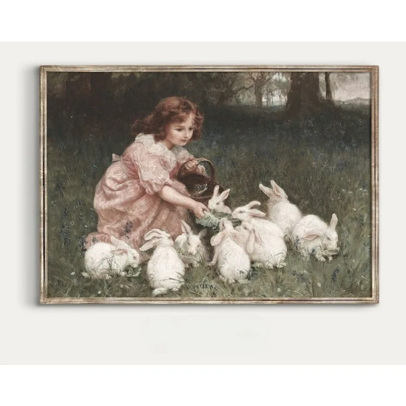 

Рисунок: Девочка кормит кроликов | Девочка на поле с кроликами | Пасхальный принт | Винтажный декор для детской комнаты: безрамный холст-постер