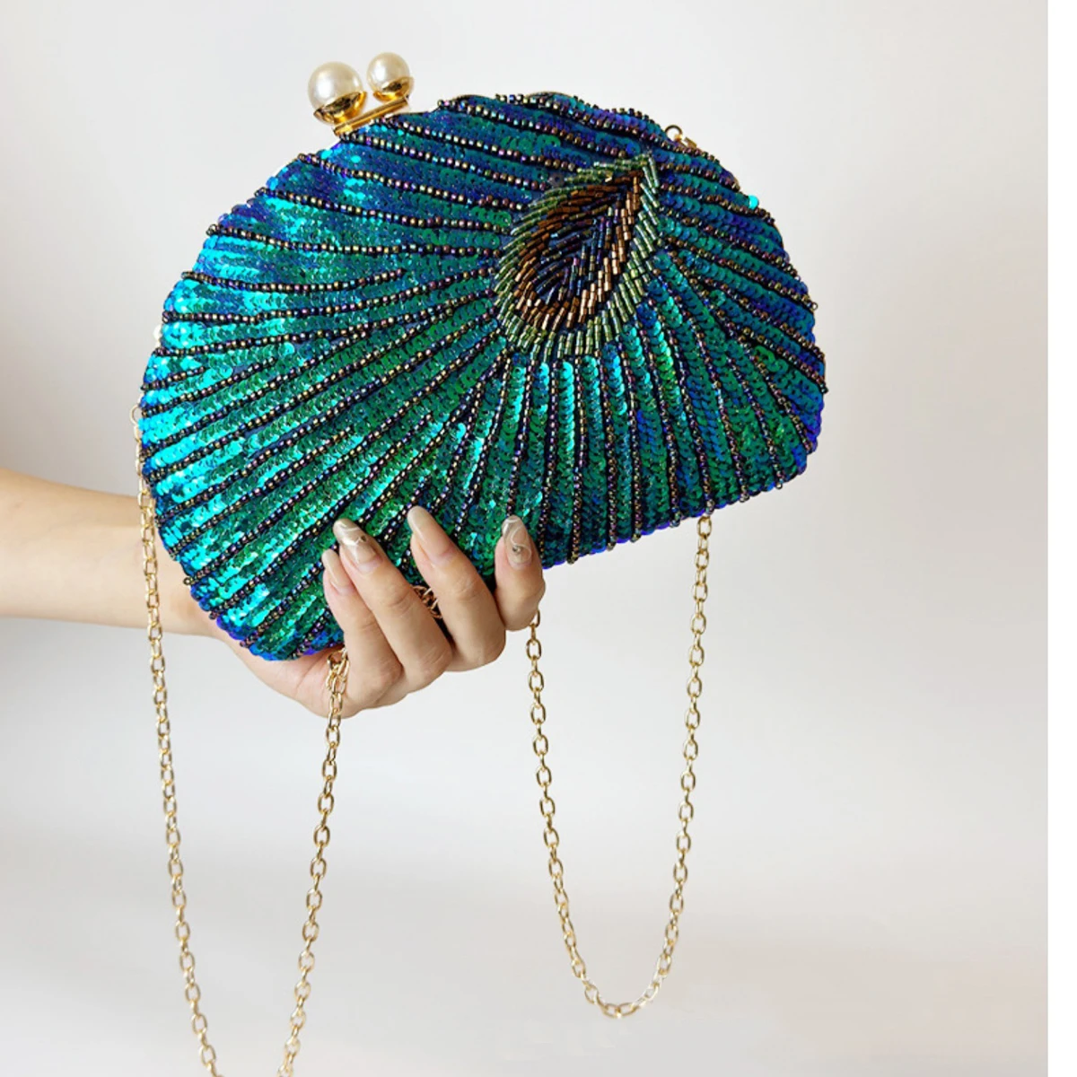 

Glitter Vintage Sequins Decor Clutch Wallet, Classic Peacock Feather Pattern Evening Bag, Women's Shiny Satchel Bag For Party