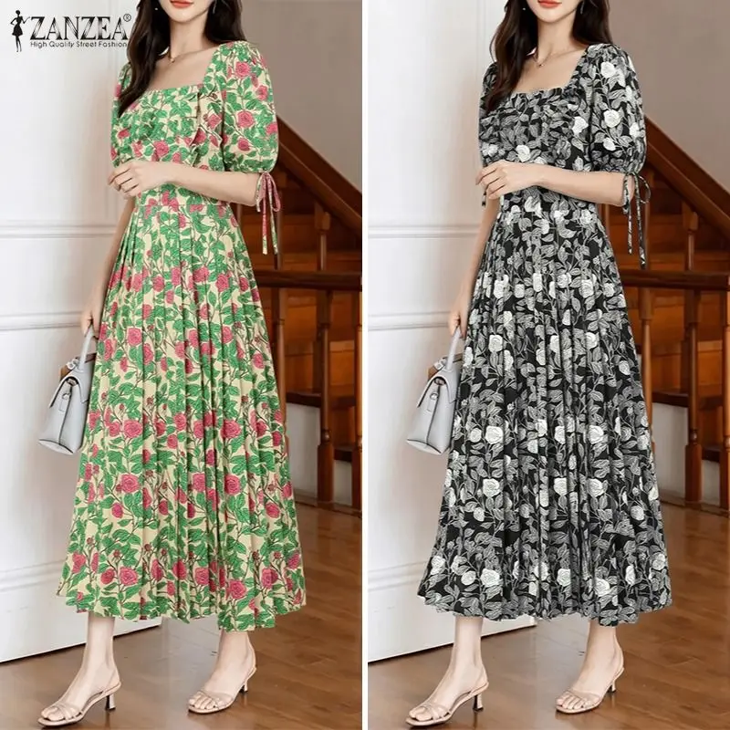 Stilvolles Sommerkleid mit Blumenmuster, ZANZEA Bohemain Holiday Sundress Damen-Partykleid mit quadratischem Ausschnitt, kurzärmelige, plissierte Robe