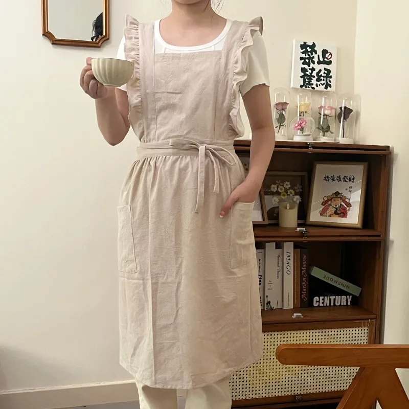 Japanese Washed Cotton Linen Lace Kitchen Aprons Flower Shop Garden Ruffles Work Clean Apron for Woman Dress