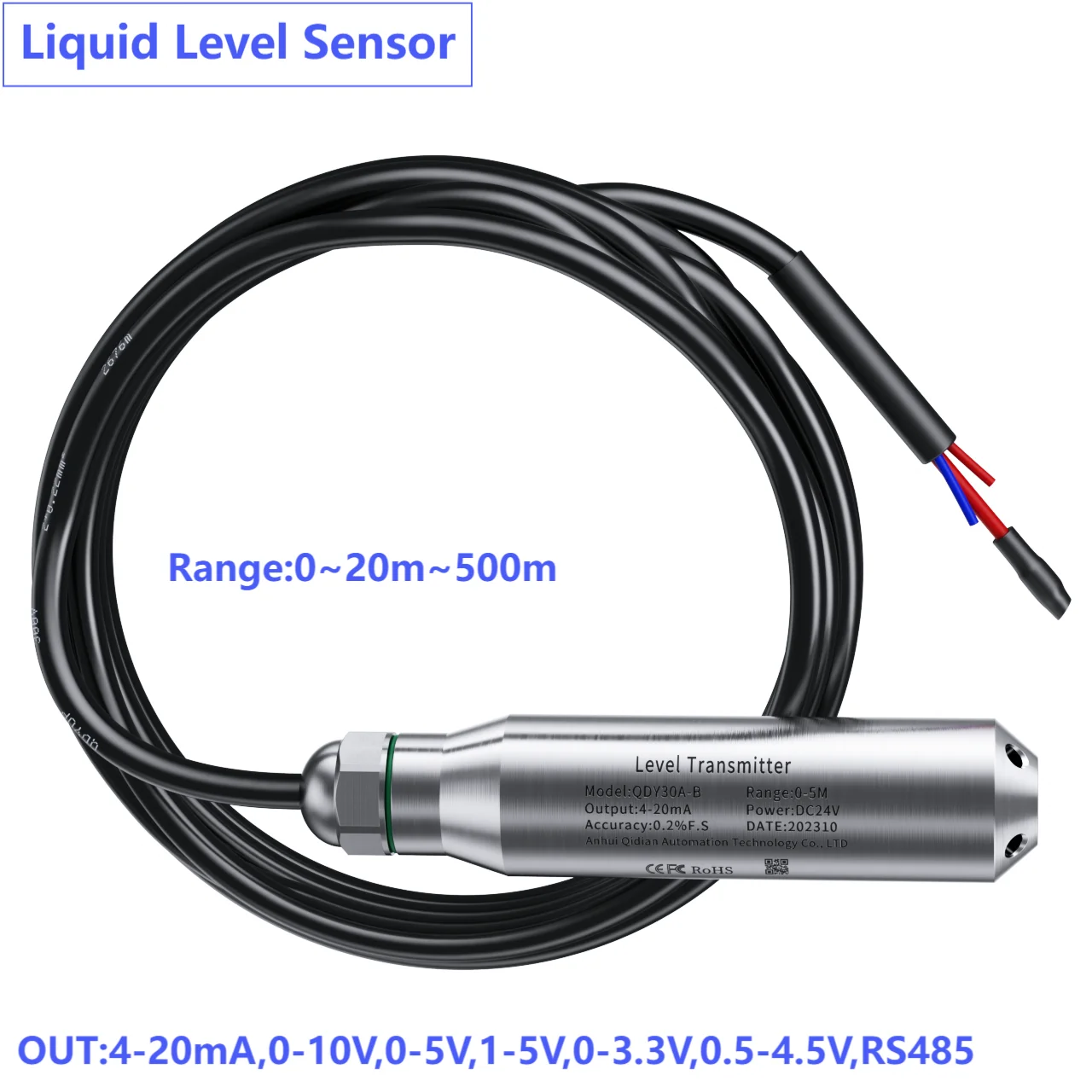 2M 3M 10M RS485 Range Liquid Level Sensor Transmitter DC24V Power 4-20mA 0-10V 0-3.3V Submersible Water Level Sensor