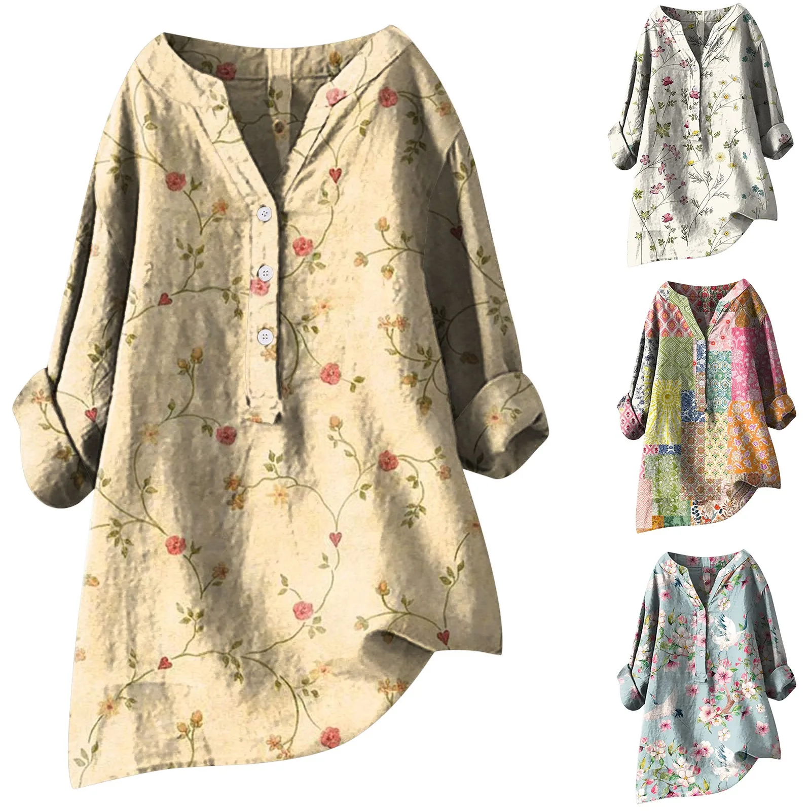 

Vintage Floral Print Women's Shirts V Neck Button Up Casual Loose Blouses Spring Summer Long Sleeve Elegant Female Shirts Tops