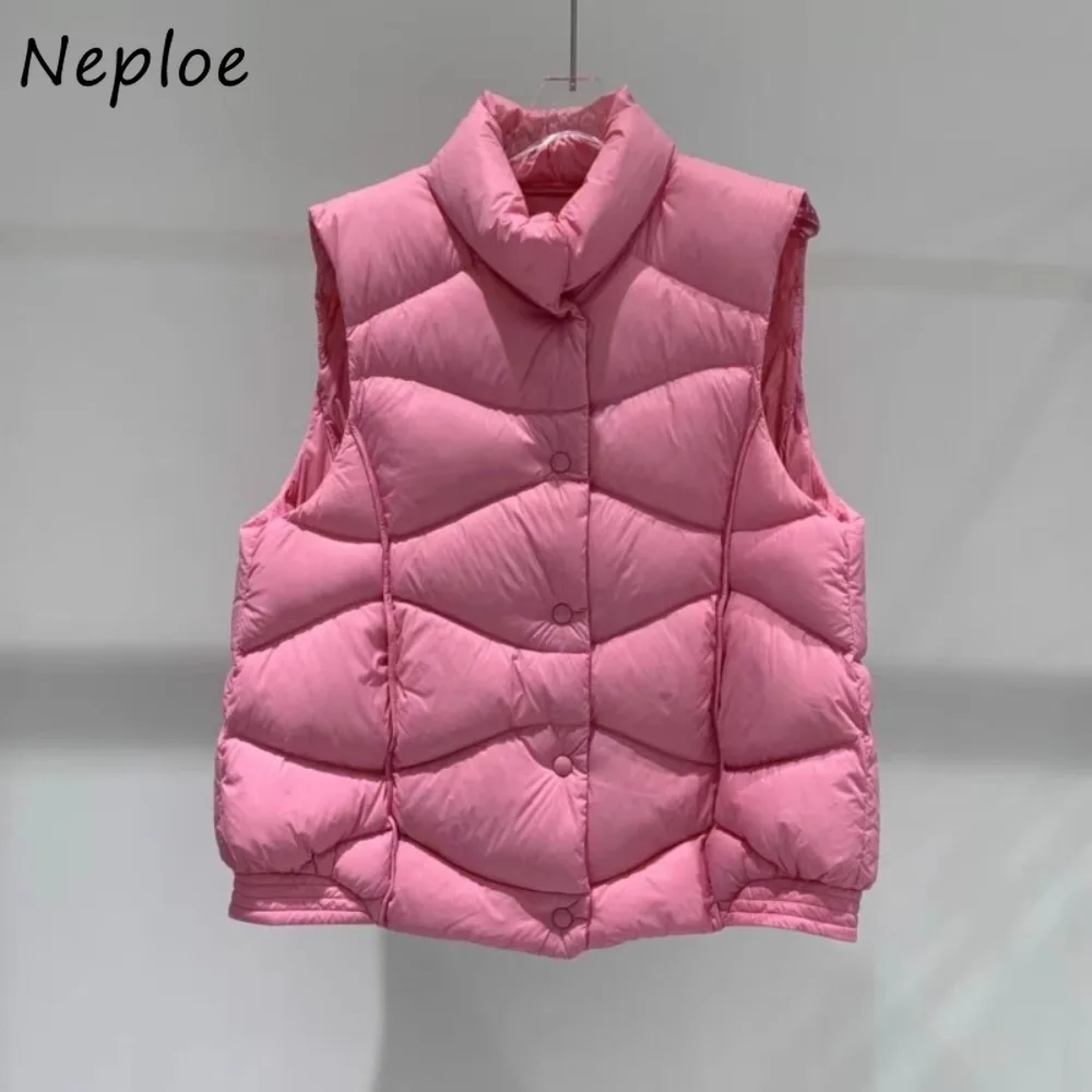

Neploe Solid Simple Office Lady Down Vest Sweet Fresh Hollow Out All-match Women Clothing Age Reduction Short Stand Collar Tanks