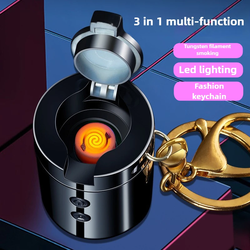 Creative Mini Multifunctional Keychain Charging Lighter LED Lighting Torch Tungsten Wire Igniter Outdoor Portable USB Lighters