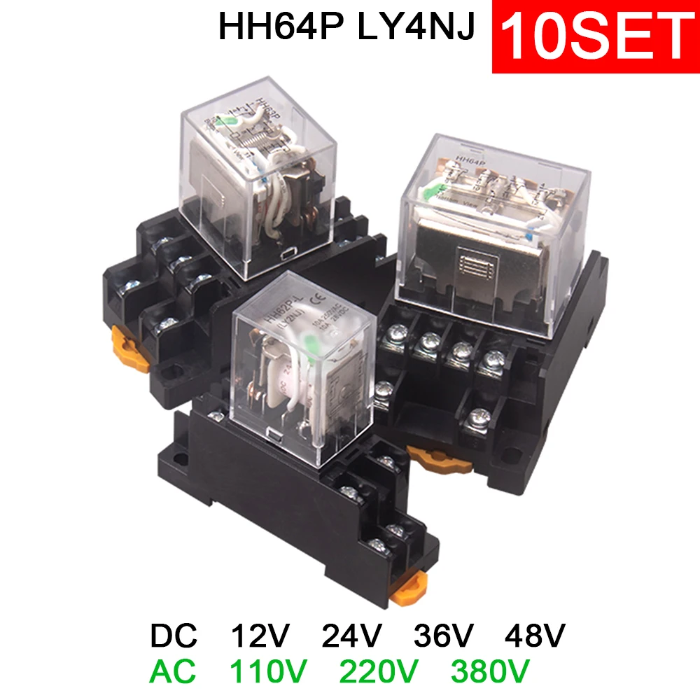 

10Sets HH64P Mini Relay 14Pin 10A with LED LY4NJ P143 General Micro Relay LY4N-GS 12V 24V 110V 220V 380V with Socket Base