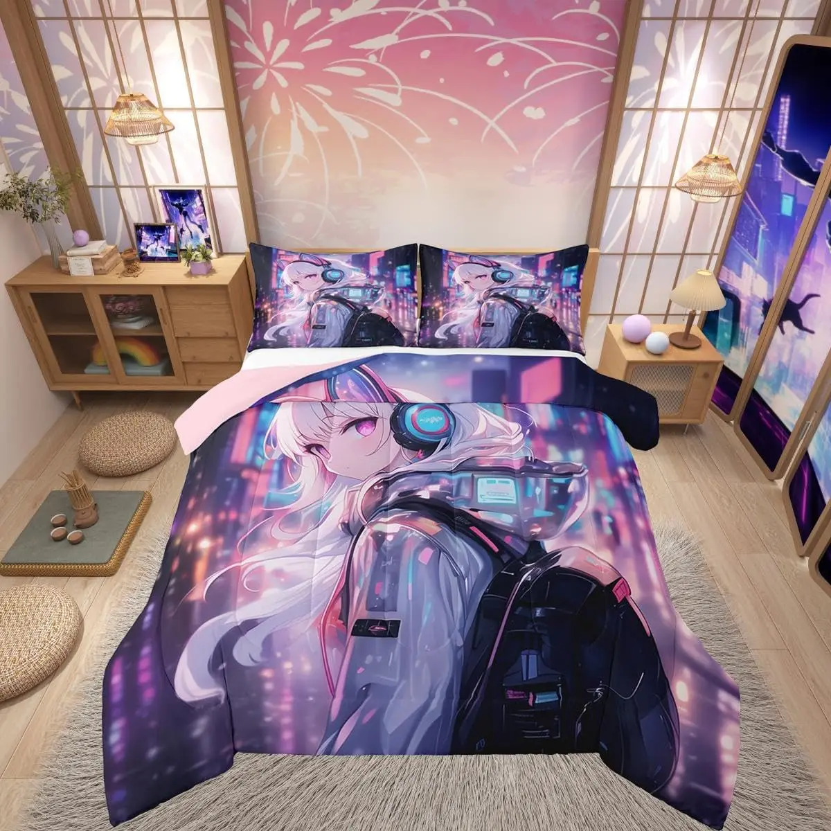 Japanese Girl Bedding Set Girly Anime Twin for Kids,Sci Fi Style Gaming Room Decor 3D Cartoon Anime Girl Duvet Cover+2pillowcase