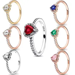 Anillo de plata de ley 2024 con corazón rojo elevado para mujer, joyería de cristal para el Día de San Valentín, 925