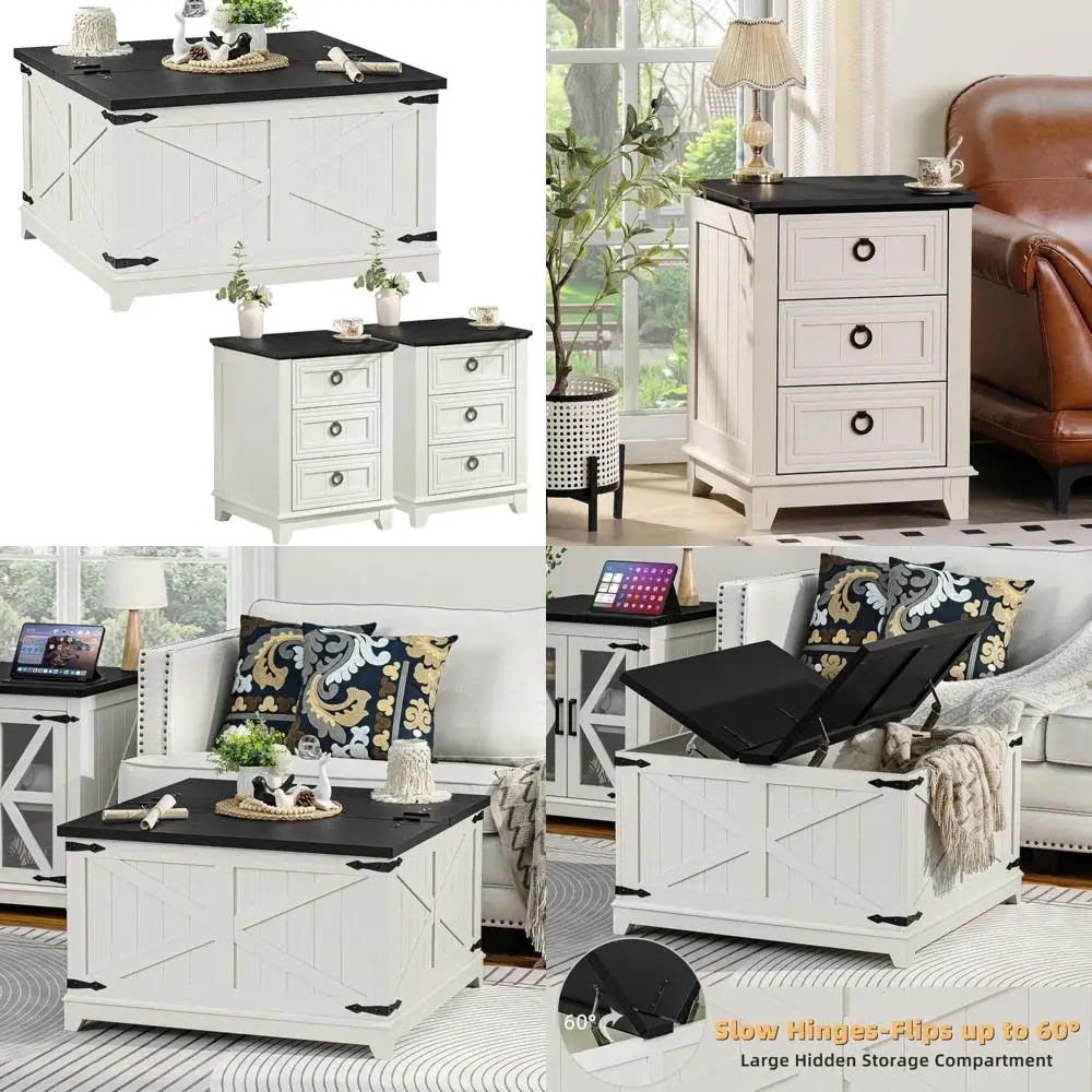 3-Piece Farmhouse Coffee Table Set with Storage and Large Counter Height Furniture