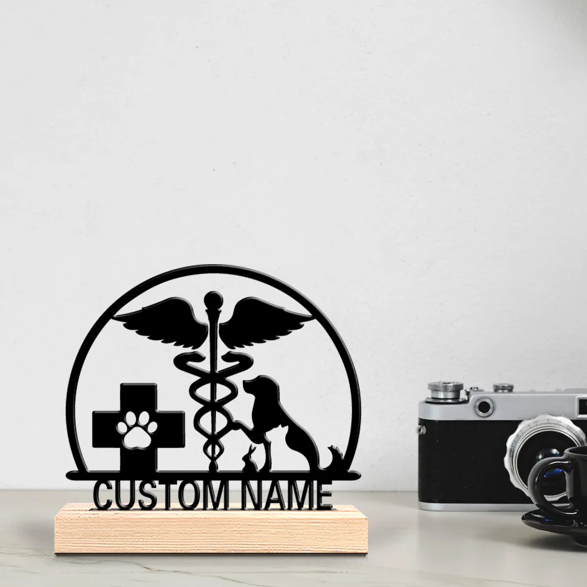 1pc Simple Pet healthcare Customized Text  Iron Ornament Art Figurine With Wood Base Iron Ornament Home Table