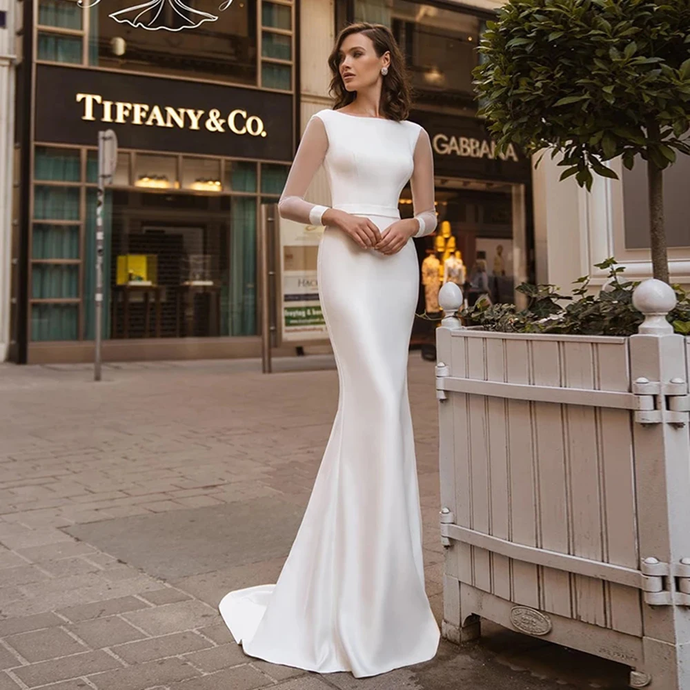 

Elegant Simple Mermaid Wedding Dresses Ivory Long Sleeves Gowns Bateau Neckline Bridal Lace Up Back Sweep Train