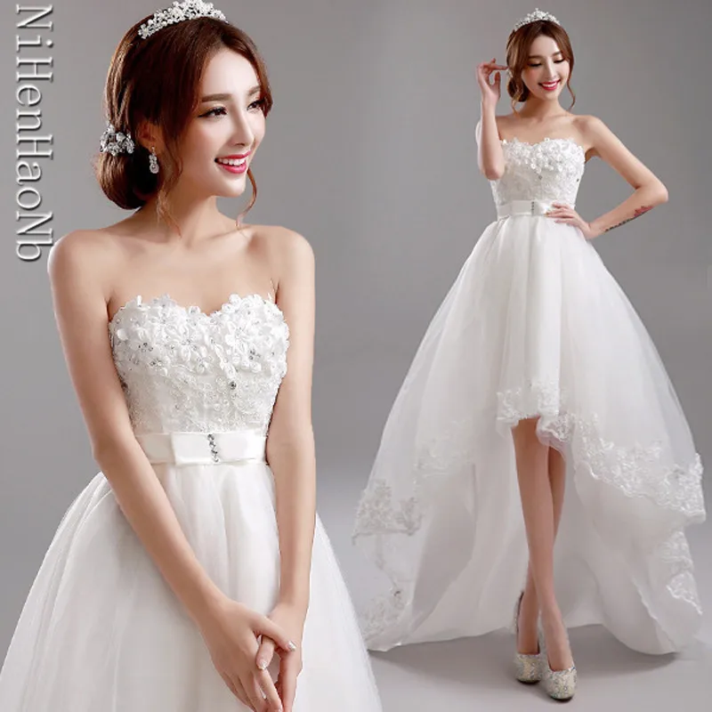 White Flowers Short Front Long Back Women Princess Bridesmaid Banquet Party Wedding Bridal Dress Gown