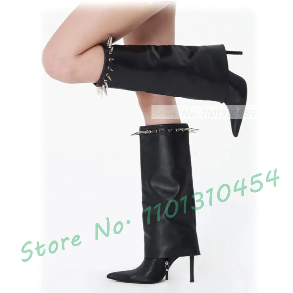 Wrapped Studded Foldover Boots Women Trends Thin Heels Knee High Shoes With Tie Closure Sexy Ladies Stylish Pointy Party Boots