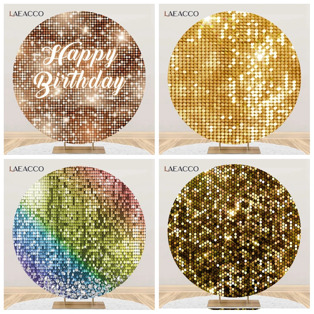 Gold Sequin Round Background Colorful Glitter Disco Party Adult Birthday Theme Decor Circle Cover LightSpot Photography Backdrop